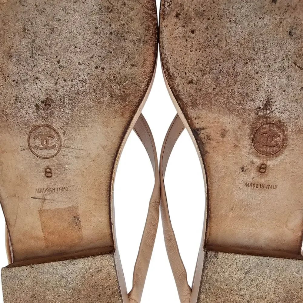 Chanel Camelia Thong Flip Flop Flat Vintage Beige Tan Leather Flower Size 8